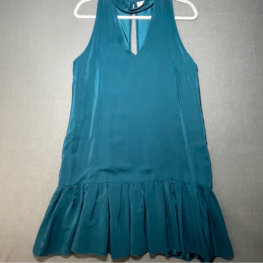 Amanda Uprichard 100% Silk Teal Ruffle Hem Cocktail Dress Large
